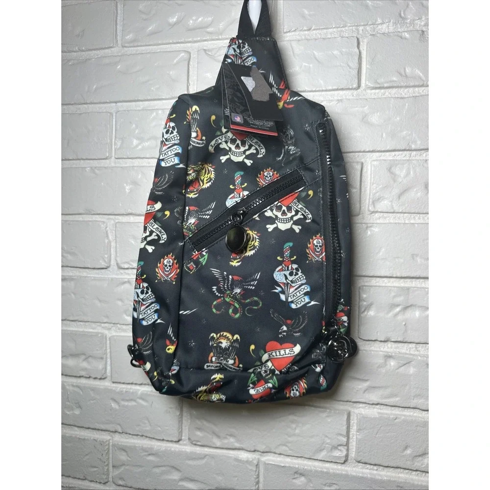 Ed Hardy Sling Backpack Unisex Black New York City Skull Eagle Tattoo NWT